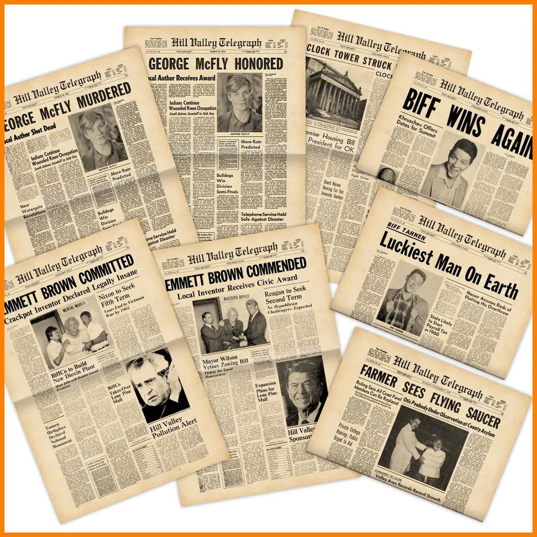 Back to the Future - Hill Valley Telegraph newspaper props with 13 different cover pages